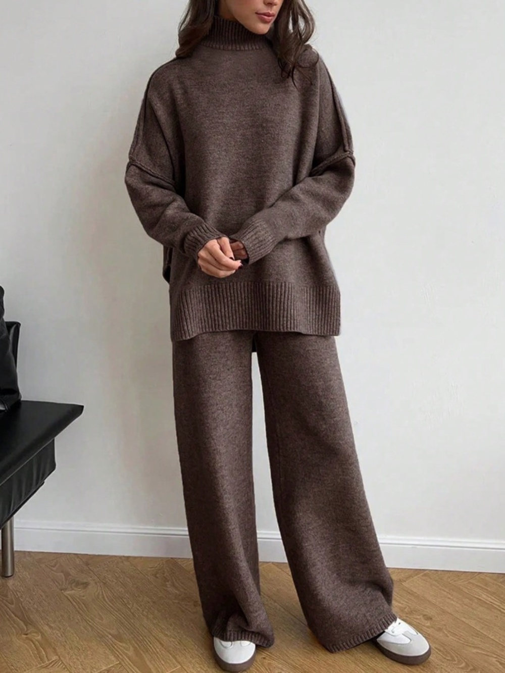 2 Piece Knit Set Turtleneck Sweater & Pants in Brown